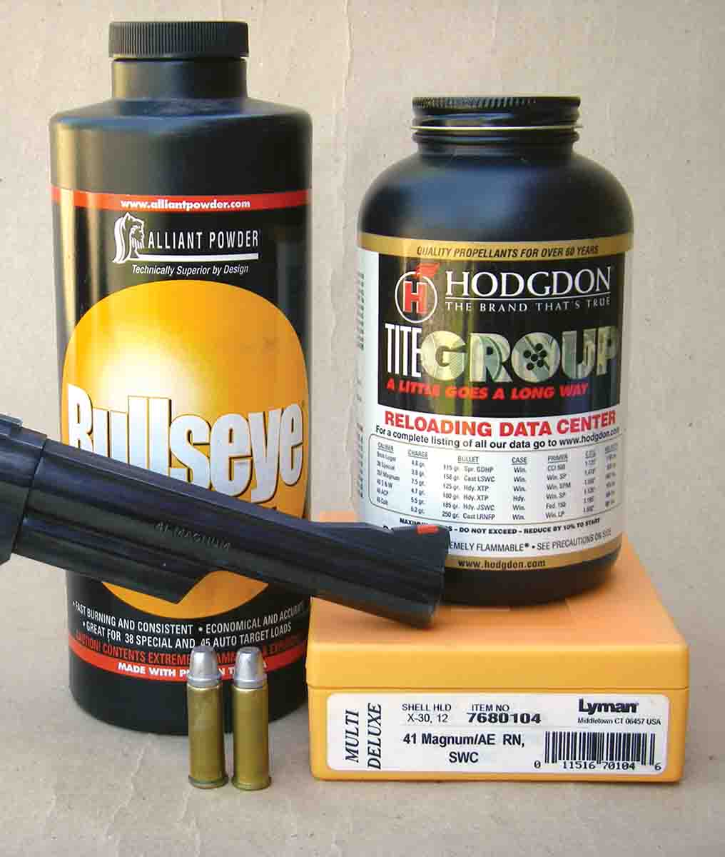 Alliant Bullseye and Hodgdon Titegroup powders work well for target velocity .41 Magnum loads containing 220-grain Keith-style cast bullets.